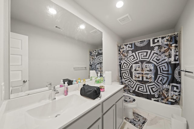 full bath with toilet, vanity, shower / tub combo with curtain, and visible vents
