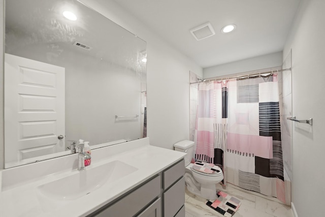 full bathroom with visible vents, toilet, recessed lighting, vanity, and marble finish floor