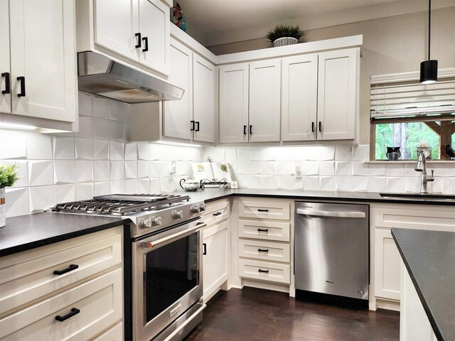 22624 County Road 1174, Bullard, TX 75757 - kitchen with a sink, dark countertops, under cabinet range hood, and stainless steel appliances