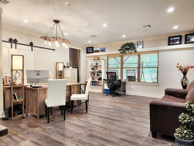 22624 County Road 1174, Bullard, TX 75757 - office featuring visible vents, recessed lighting, a barn door, wood finished floors, and baseboards