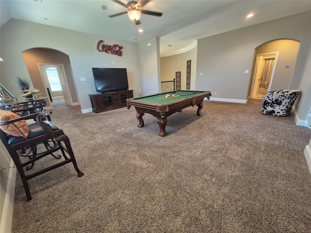 7106 Prairie Grass Ln, Katy, TX 77493 - recreation room featuring arched walkways, a ceiling fan, billiards, carpet floors, and recessed lighting