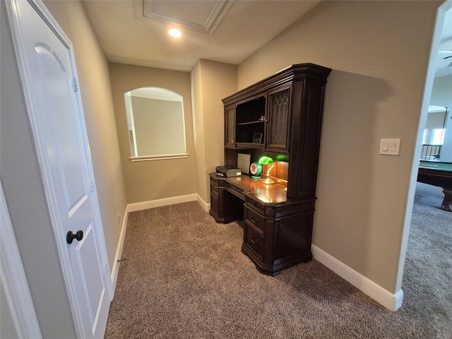 7106 Prairie Grass Ln, Katy, TX 77493 - office space with dark colored carpet, baseboards, recessed lighting, and arched walkways