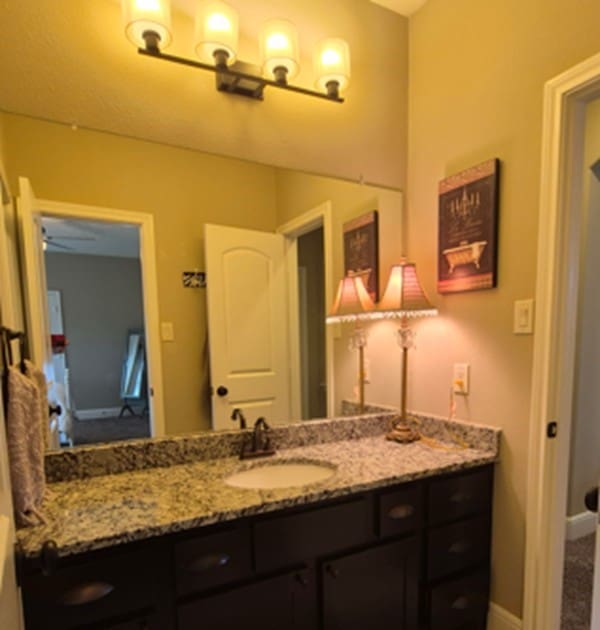 7106 Prairie Grass Ln, Katy, TX 77493 - bathroom with vanity, baseboards, and a ceiling fan