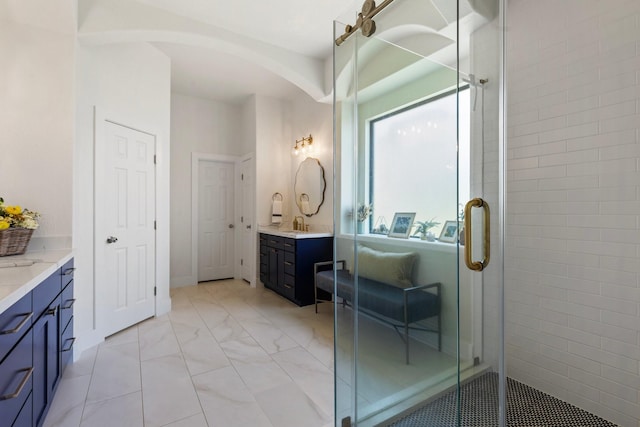 26719 Outback Dr, Katy, TX 77493 - bathroom featuring vanity, marble finish floor, and a stall shower