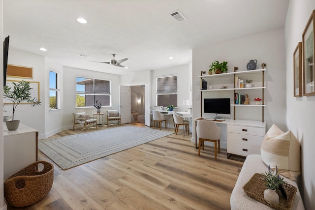 26719 Outback Dr, Katy, TX 77493 - living room featuring visible vents, light wood-style flooring, a ceiling fan, and recessed lighting