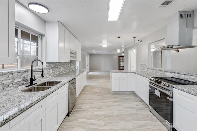 kitchen featuring white cabinetry, a sink, stainless steel appliances, range hood, and backsplash