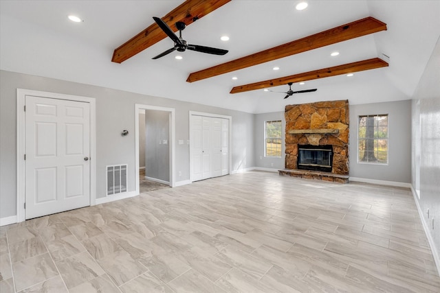 unfurnished living room with recessed lighting, a fireplace, a ceiling fan, visible vents, and baseboards