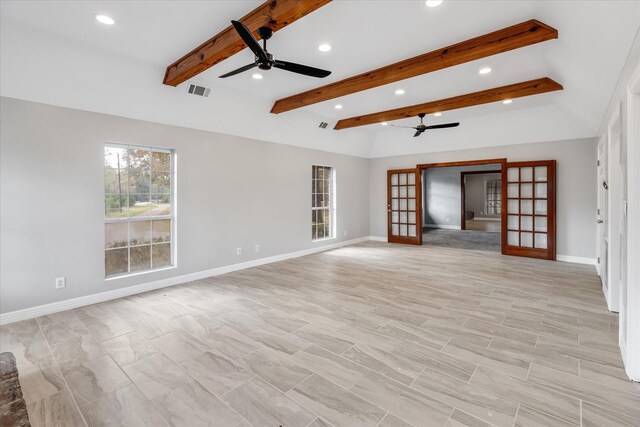 spare room featuring recessed lighting, beamed ceiling, ceiling fan, visible vents, and french doors