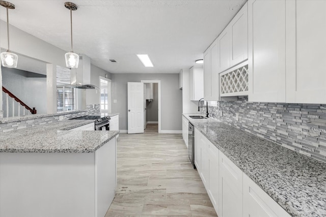 kitchen featuring white cabinets, a sink, stainless steel appliances, wall chimney exhaust hood, and backsplash
