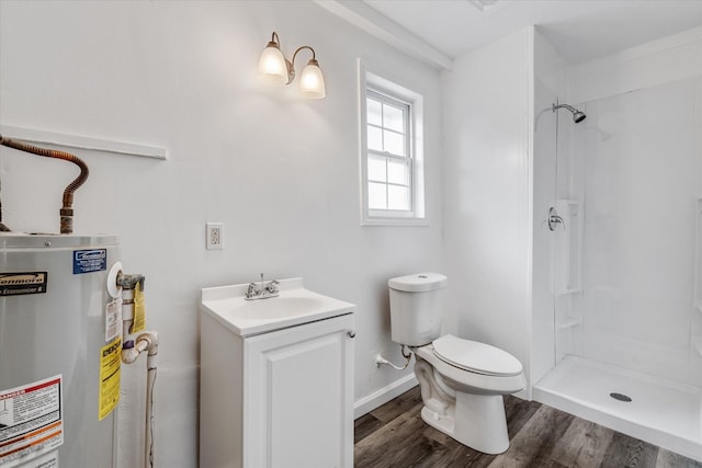 bathroom with wood finished floors, walk in shower, toilet, gas water heater, and vanity