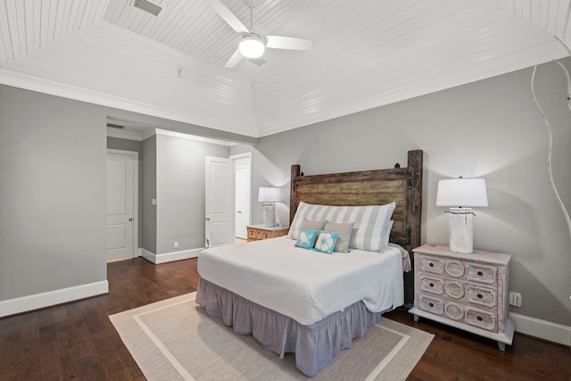 6931 Harvest Ln, Katy, TX 77493 - bedroom featuring wooden ceiling, baseboards, a ceiling fan, and hardwood / wood-style flooring