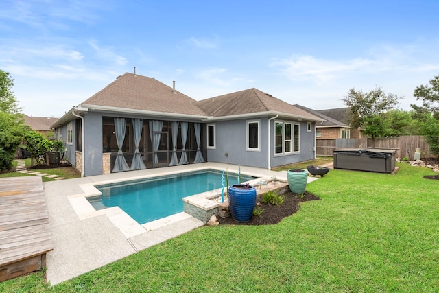 6931 Harvest Ln, Katy, TX 77493 - view of swimming pool featuring a fenced in pool, a patio, a fenced backyard, a hot tub, and a lawn