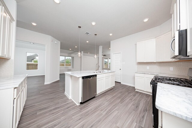 3001 Plains Cir, Brookshire, TX 77423 - kitchen featuring stainless steel appliances, a sink, tasteful backsplash, a center island with sink, and light wood-style floors