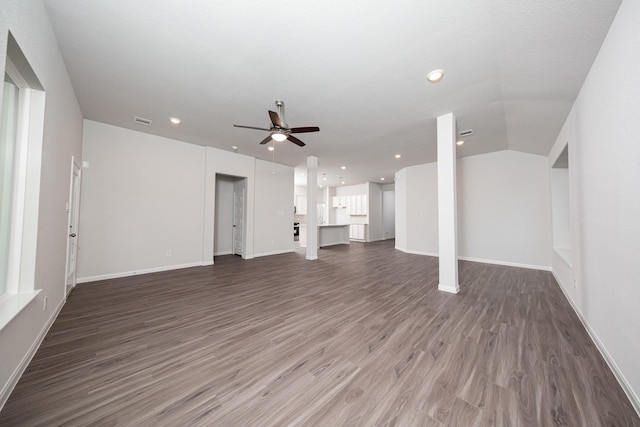 3001 Plains Cir, Brookshire, TX 77423 - unfurnished living room featuring ceiling fan, dark wood-type flooring, recessed lighting, and baseboards