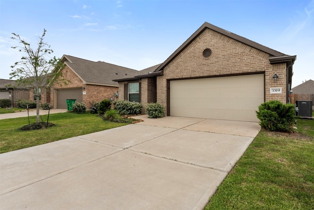 3319 Meadknoll Ln, Richmond, TX 77406 - ranch-style house featuring brick siding, central air condition unit, an attached garage, and a front lawn