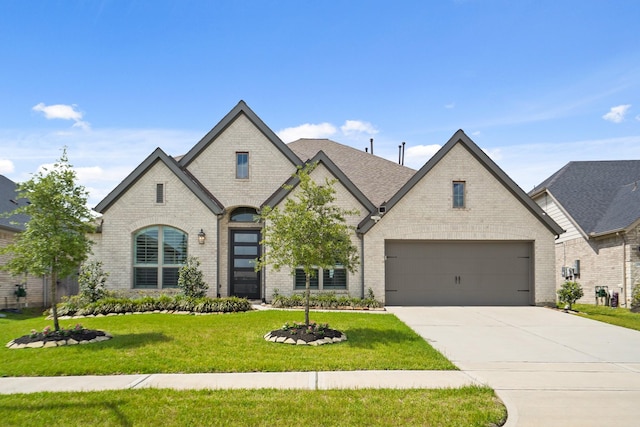 french country inspired facade featuring a garage, a front lawn, brick siding, and concrete driveway
