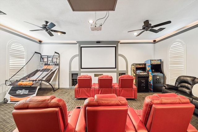 22009 Holly Creek Trl, Tomball, TX 77377 - carpeted cinema with baseboards, recessed lighting, crown molding, visible vents, and ceiling fan