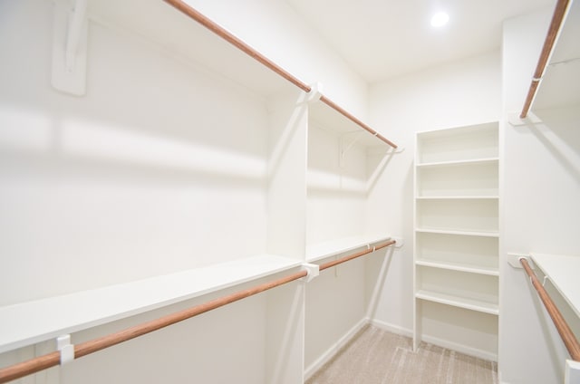 spacious closet featuring light colored carpet