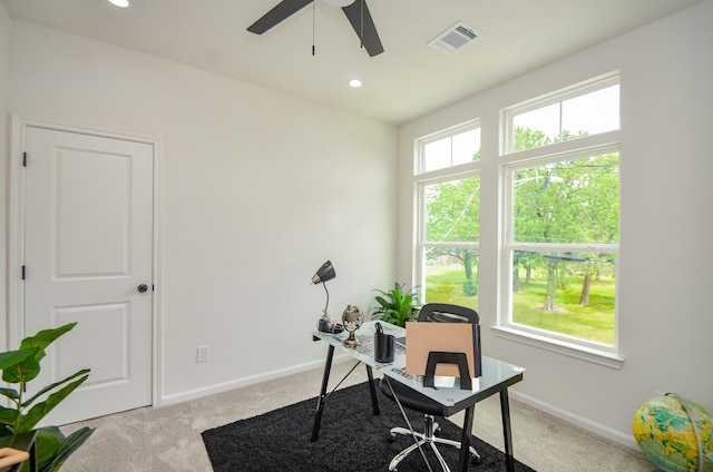 office space with light carpet, ceiling fan, baseboards, and recessed lighting
