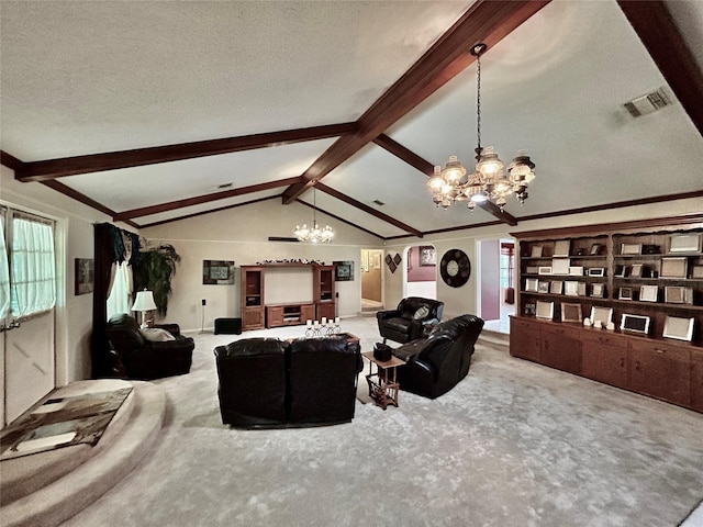 carpeted living area with visible vents, a notable chandelier, lofted ceiling with beams, and a textured ceiling