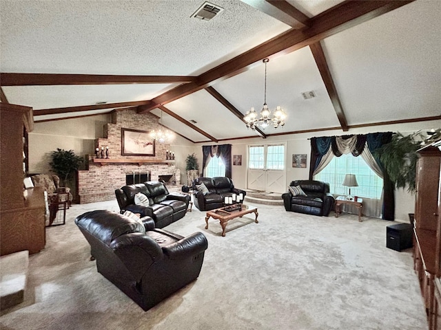living area featuring a fireplace, a textured ceiling, visible vents, vaulted ceiling with beams, and a notable chandelier
