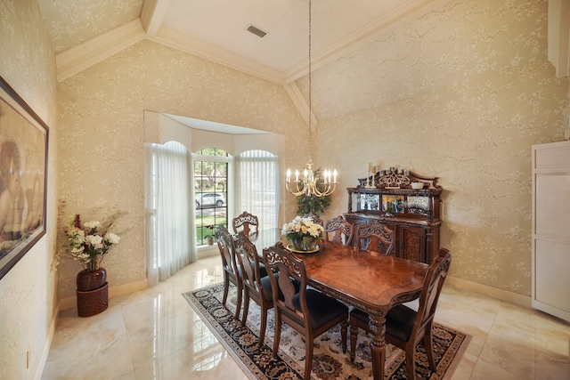 dining space featuring a chandelier, light tile patterned floors, lofted ceiling, ornamental molding, and visible vents