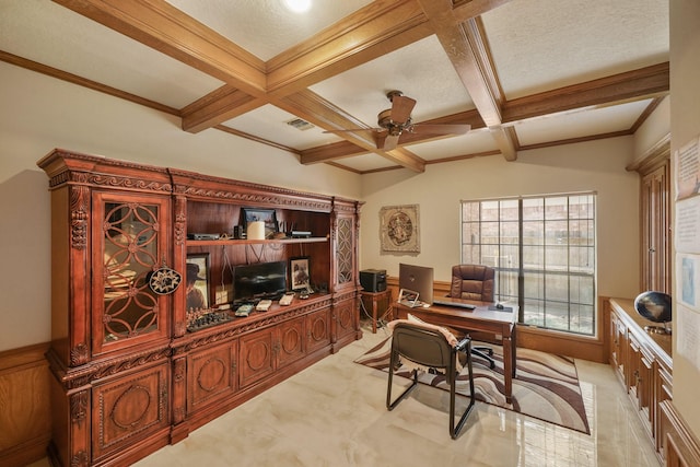 home office with coffered ceiling, visible vents, beamed ceiling, wainscoting, and ceiling fan