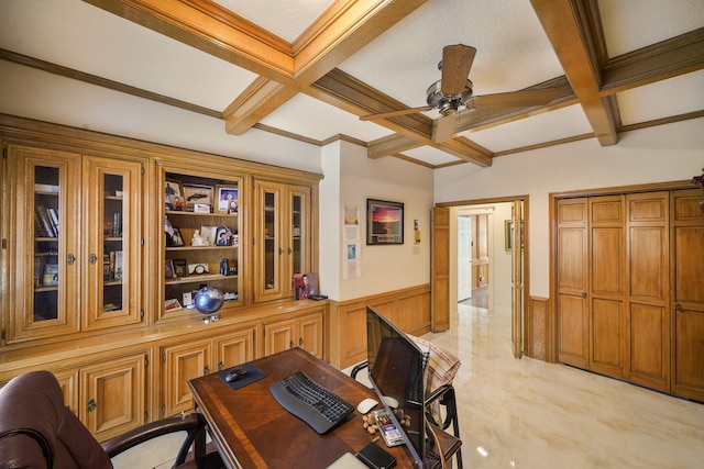 office area with beamed ceiling, wainscoting, ceiling fan, and coffered ceiling