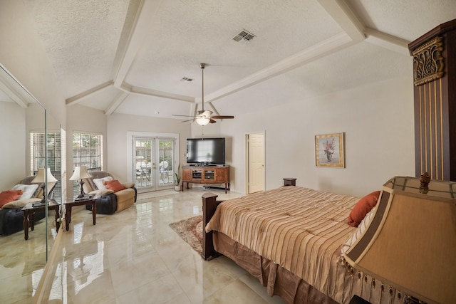 bedroom featuring a textured ceiling, vaulted ceiling with beams, visible vents, marble finish floor, and access to outside