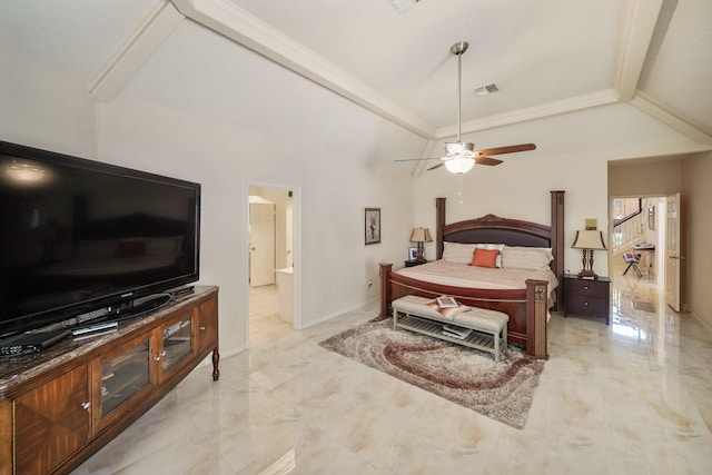 bedroom with marble finish floor, vaulted ceiling, ensuite bathroom, and baseboards