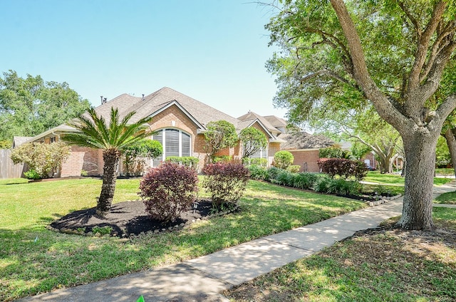 single story home with a front yard and brick siding