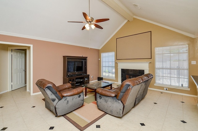living area featuring ceiling fan, light tile patterned flooring, a tile fireplace, baseboards, and beam ceiling