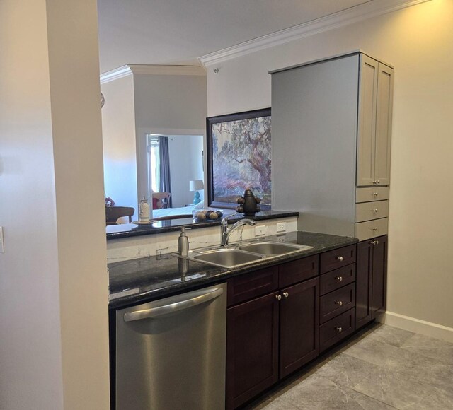 100 Willard St Unit 46, Houston, TX 77006 - kitchen featuring baseboards, dishwasher, a sink, ornamental molding, and dark brown cabinetry