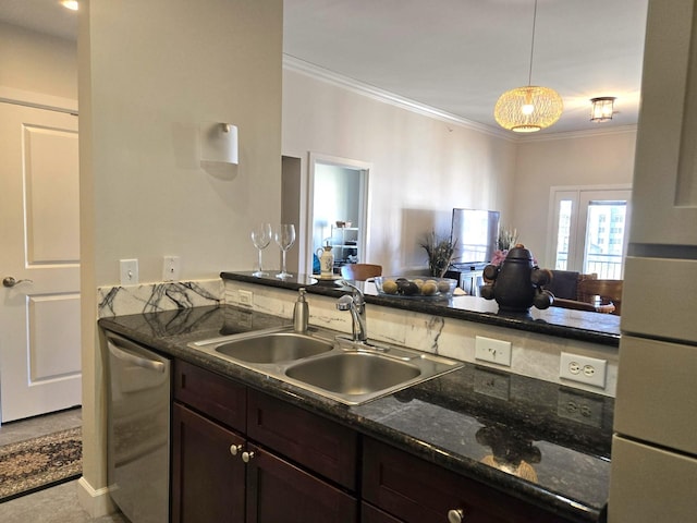 100 Willard St Unit 46, Houston, TX 77006 - kitchen with dark brown cabinetry, open floor plan, crown molding, stainless steel dishwasher, and a sink