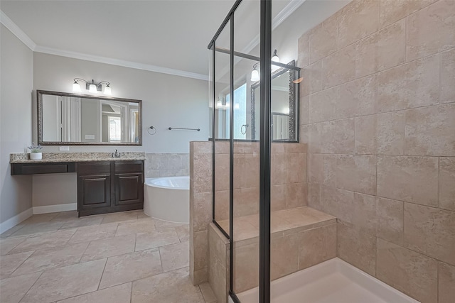 13207 Spurlin Meadow Dr, Tomball, TX 77377 - bathroom featuring crown molding, vanity, stone tile floors, a shower stall, and a garden tub