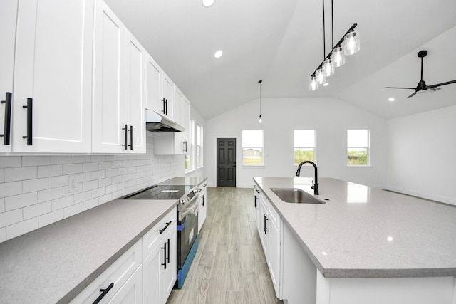 673 Rd 5822, Cleveland, TX 77327 - kitchen featuring a sink, stainless steel electric range, under cabinet range hood, lofted ceiling, and tasteful backsplash