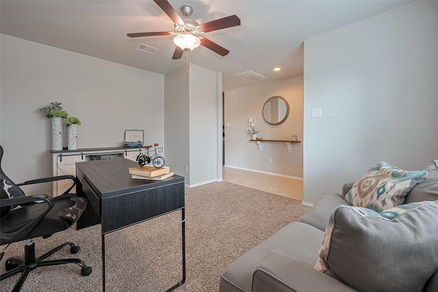 23806 Naples Shore Dr, Katy, TX 77493 - office area with baseboards, light colored carpet, ceiling fan, and visible vents