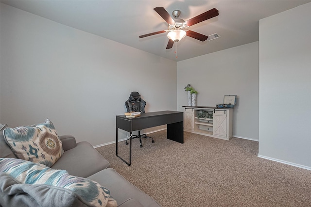 23806 Naples Shore Dr, Katy, TX 77493 - office space with visible vents, baseboards, a ceiling fan, and light carpet