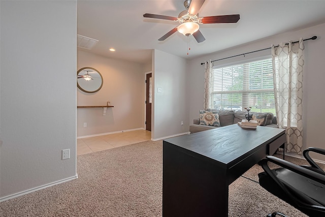 23806 Naples Shore Dr, Katy, TX 77493 - office space featuring ceiling fan, light colored carpet, visible vents, recessed lighting, and baseboards