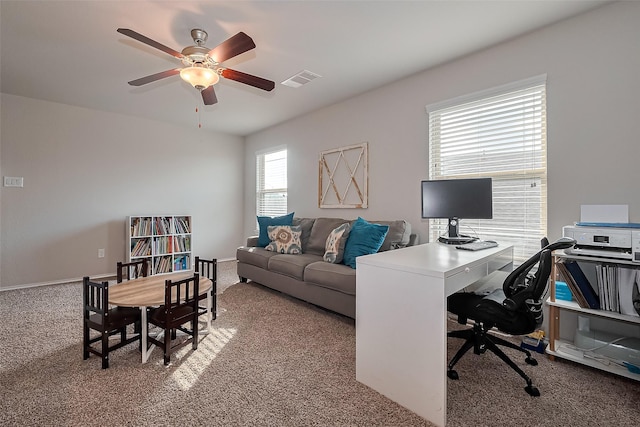 23806 Naples Shore Dr, Katy, TX 77493 - office with baseboards, a ceiling fan, visible vents, and carpet floors