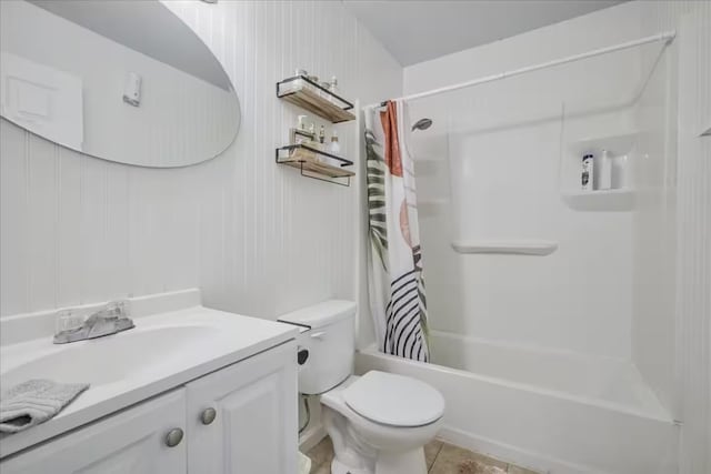 full bathroom with toilet, vanity, shower / bath combination with curtain, and tile patterned flooring