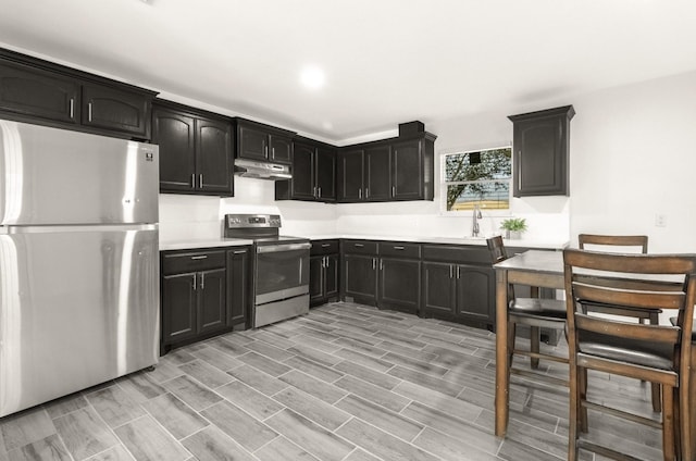 312 N Alamo St, Alton, TX 78573 - kitchen featuring under cabinet range hood, stainless steel appliances, light countertops, dark cabinetry, and a sink