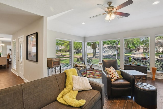 1006 Glacier Hill Dr, Houston, TX 77077 - living room with ceiling fan, recessed lighting, wood finished floors, and baseboards