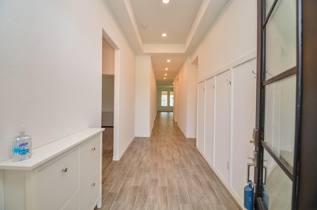 14211 Walworth Creek Ct, Rosharon, TX 77583 - hallway with light wood-style flooring, baseboards, and recessed lighting