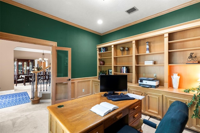office featuring visible vents, a notable chandelier, ornamental molding, a textured ceiling, and light colored carpet