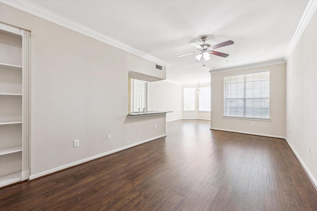 unfurnished living room featuring ceiling fan, ornamental molding, visible vents, baseboards, and dark wood-style floors