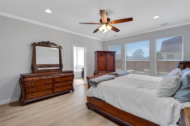 bedroom with a ceiling fan, visible vents, ornamental molding, and light wood-style floors