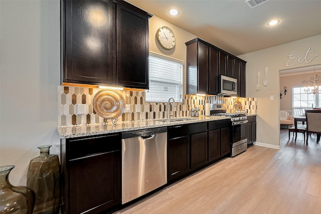 kitchen with light stone countertops, a sink, stainless steel appliances, light wood finished floors, and backsplash