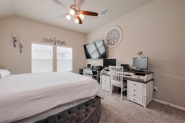 bedroom with light colored carpet, a ceiling fan, vaulted ceiling, visible vents, and baseboards