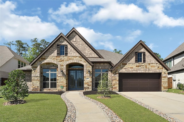 french country home featuring french doors, driveway, stone siding, and a front lawn